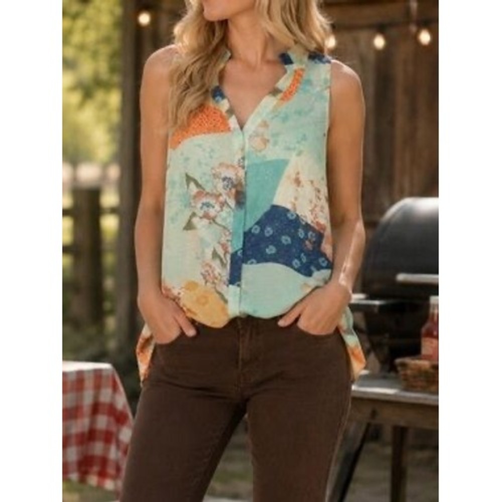 Sanctuary Anthropologie Patchwork Floral Sleeveless V-Neck Top XB0085H9162 L